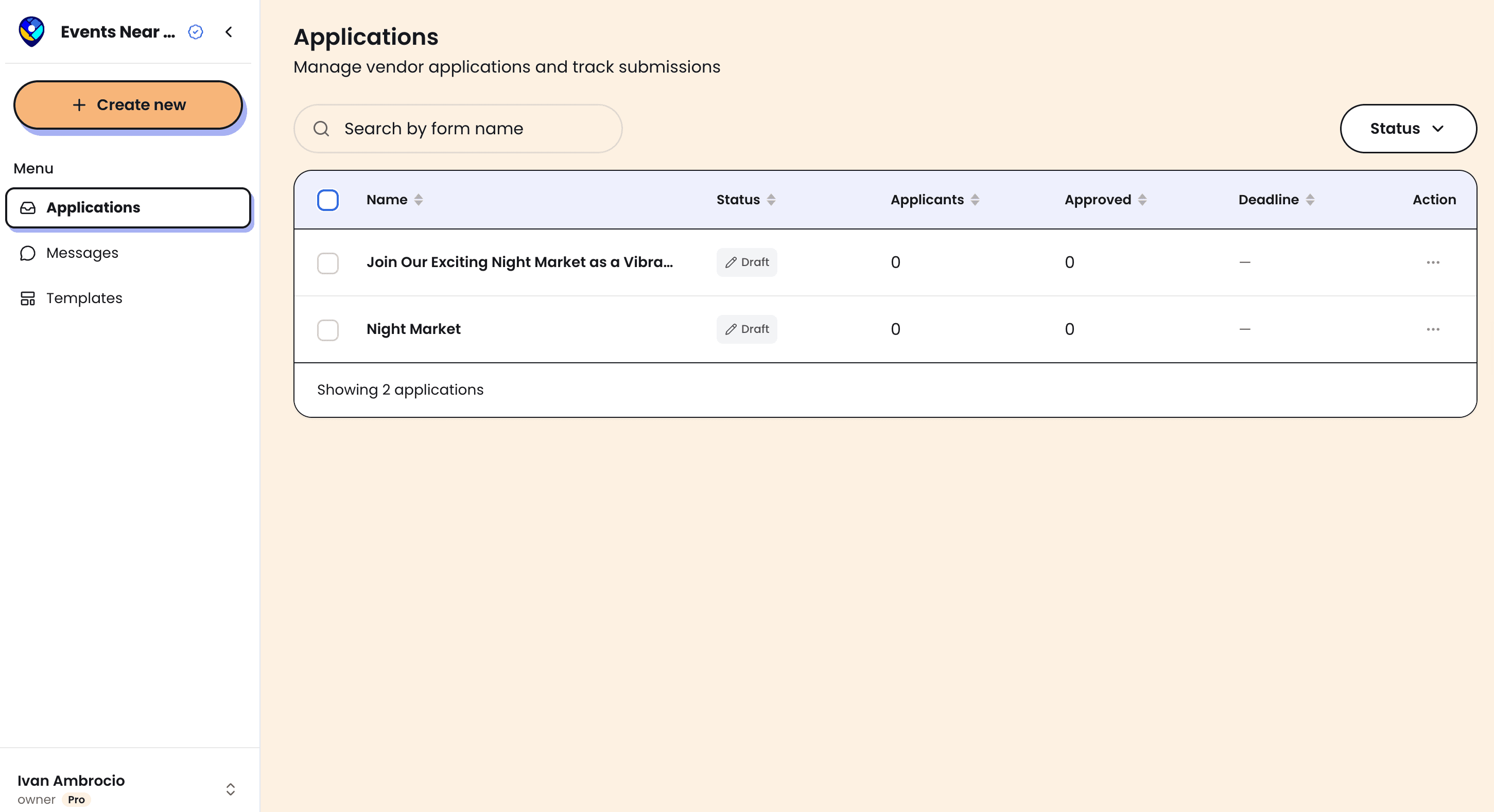 Applications dashboard showing vendor payment and approval status
