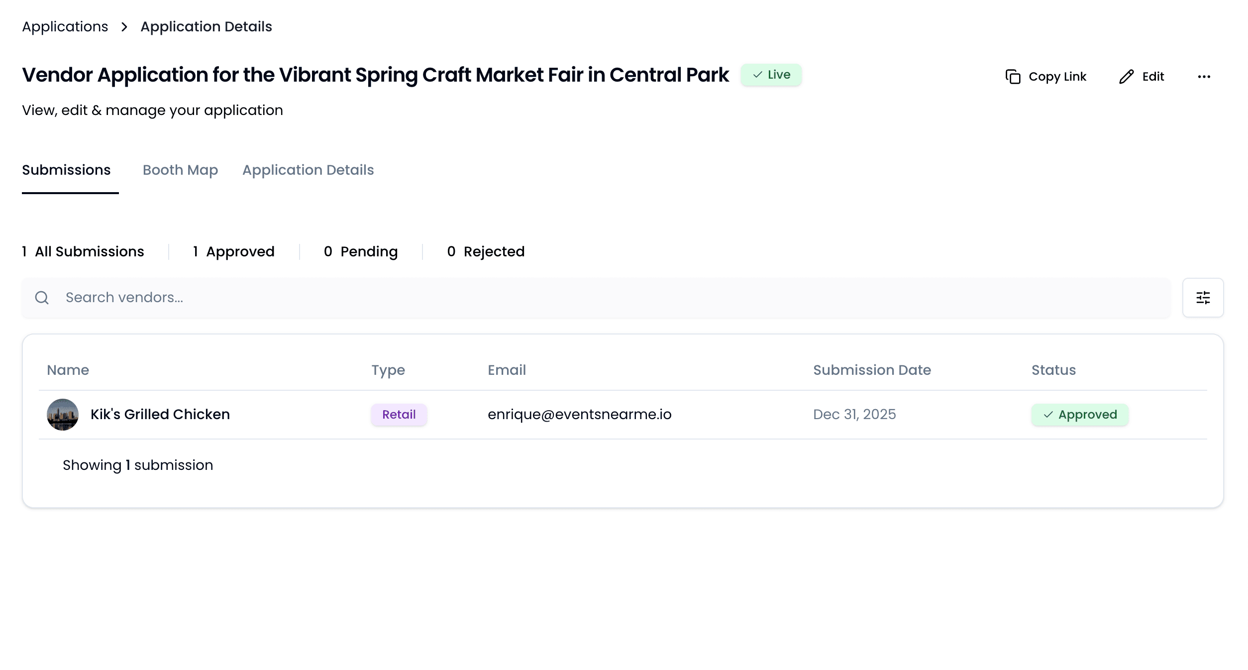 Vendor portal showing submitted applications