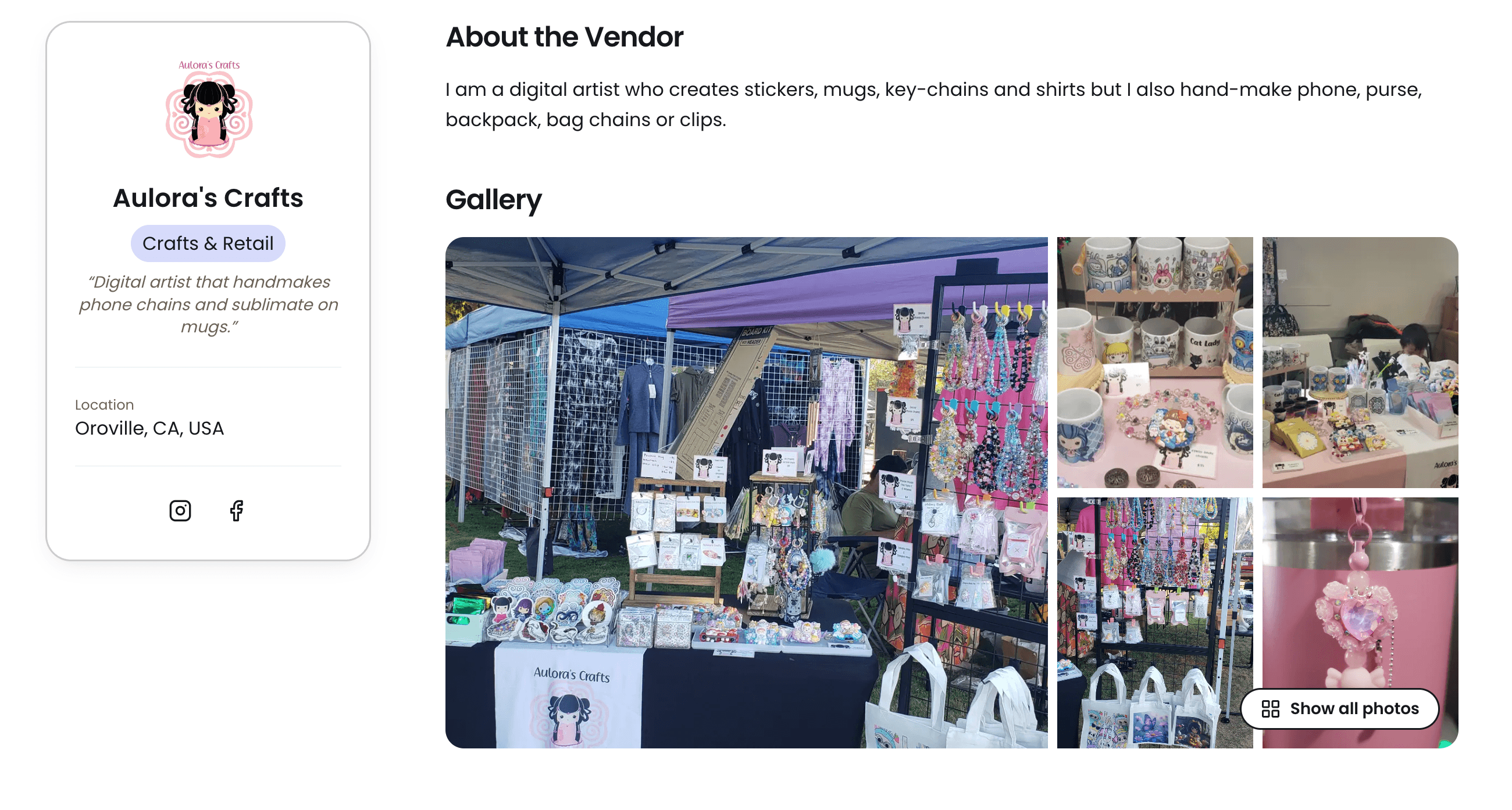Aulora's Crafts' Marketlly profile, showing their craft booth, product gallery, and Crafts & Retail category