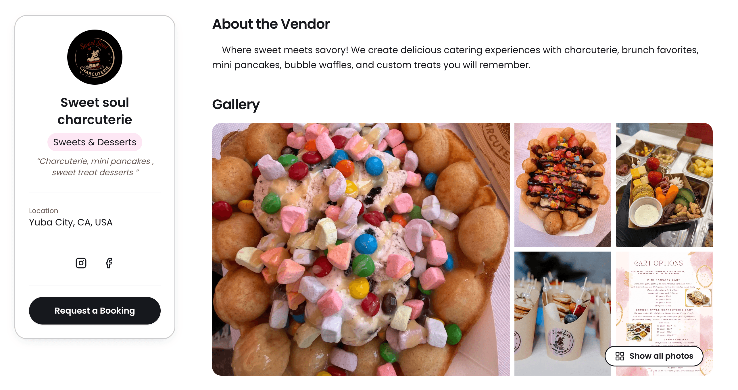 Sweet Soul Charcuterie's Marketlly profile, showing their description, photo gallery, and Request a Booking button