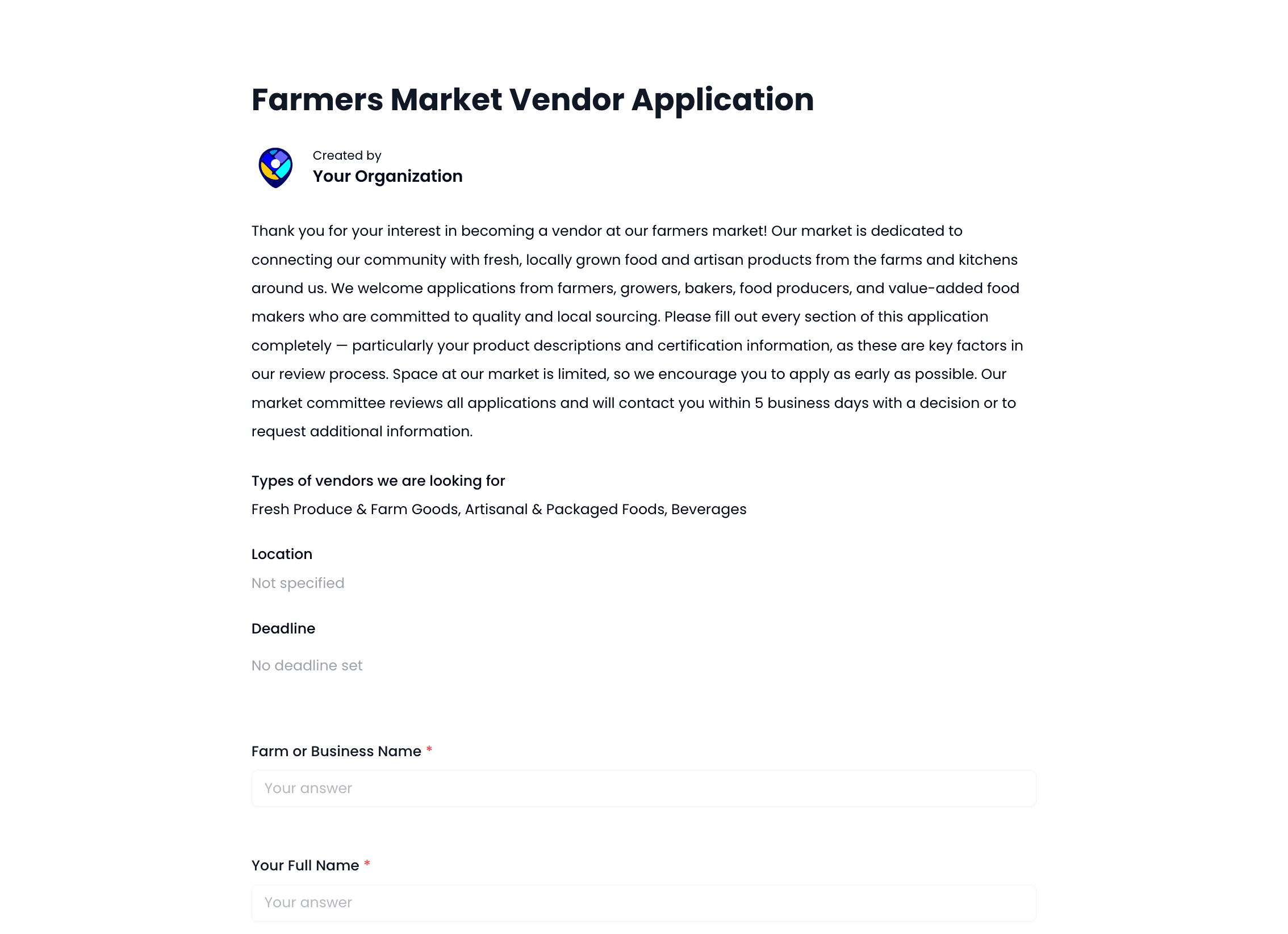 Farmers Market Vendor Application Template preview