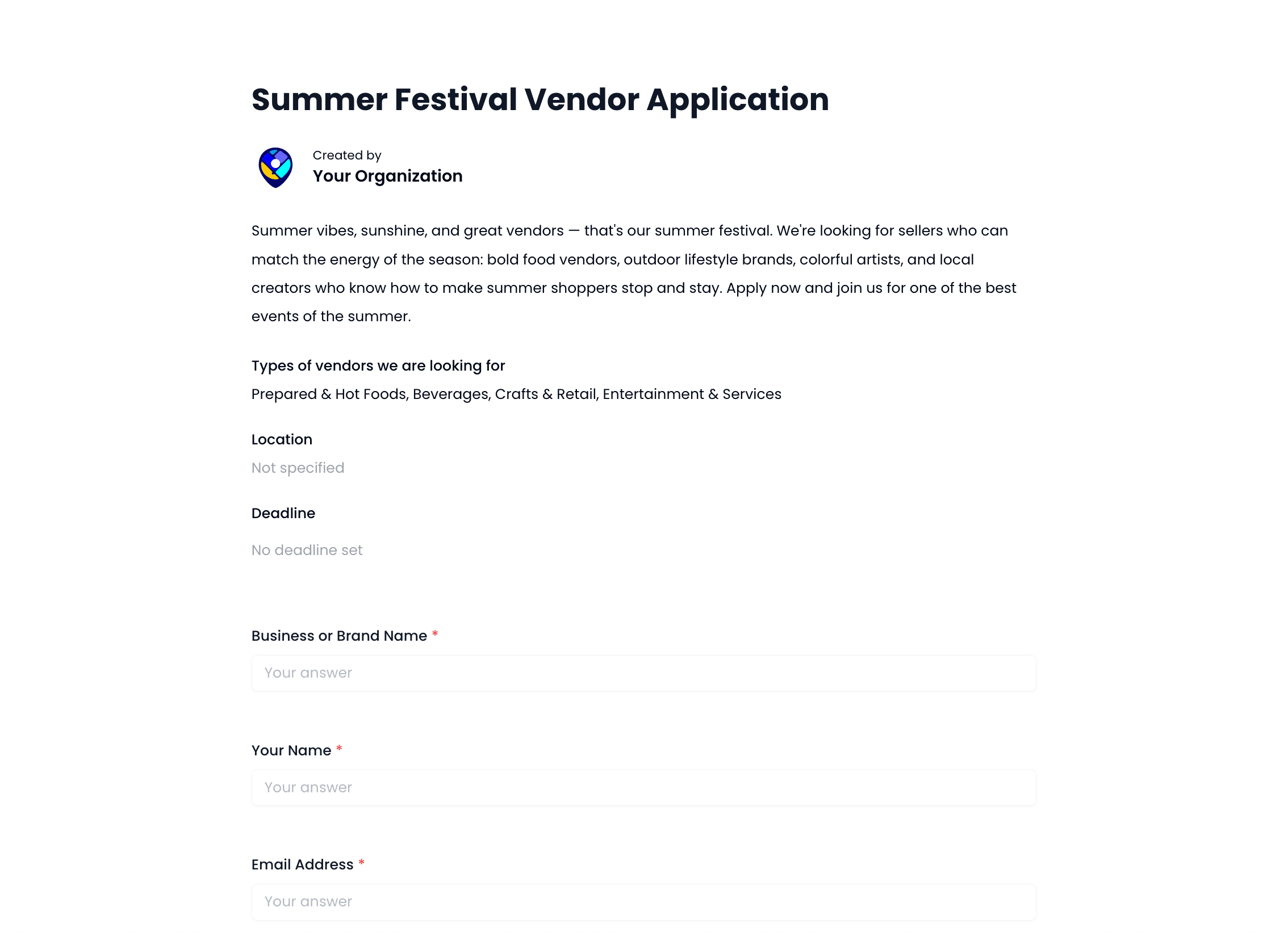 Summer Festival Vendor Application Template preview