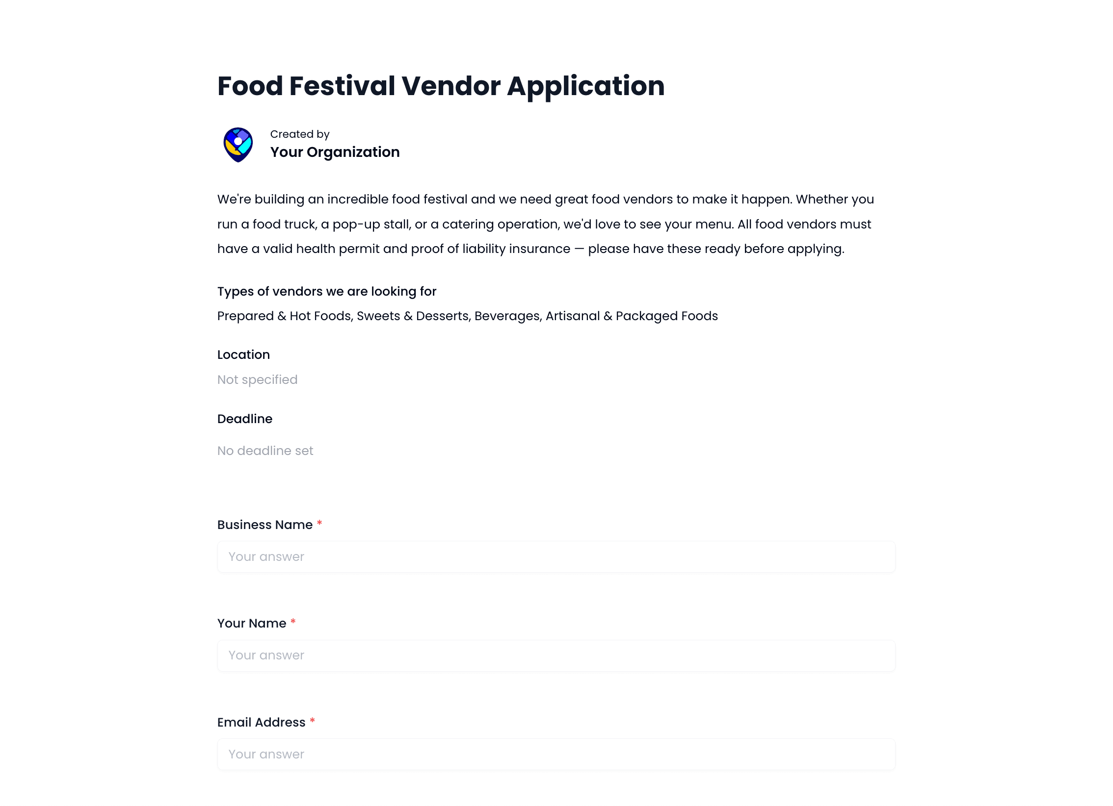 Food Festival Vendor Application Template preview