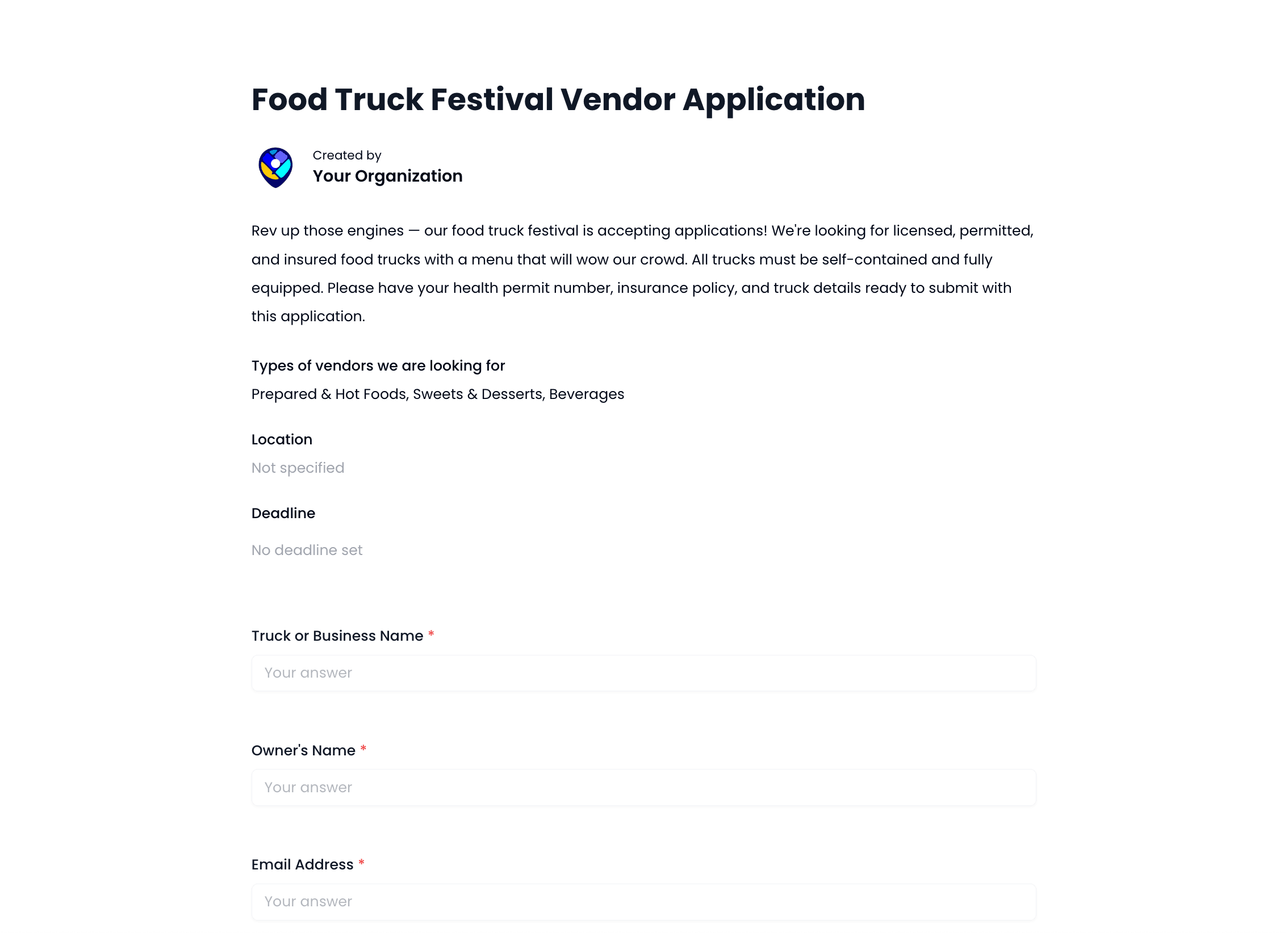 Food Truck Festival Vendor Application Template preview