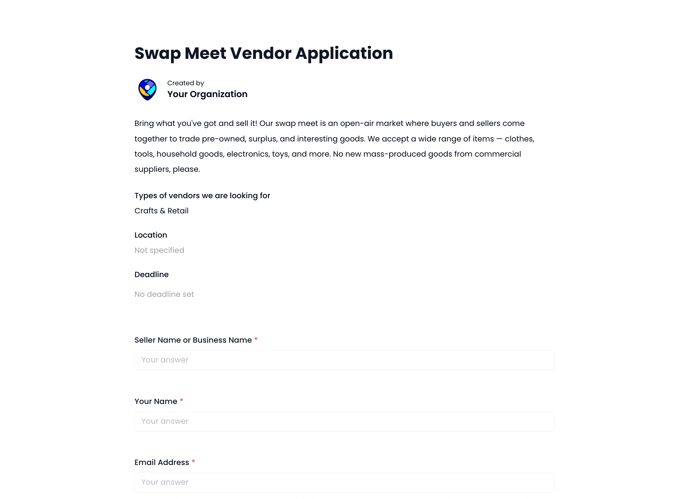 Swap Meet Vendor Application Template preview