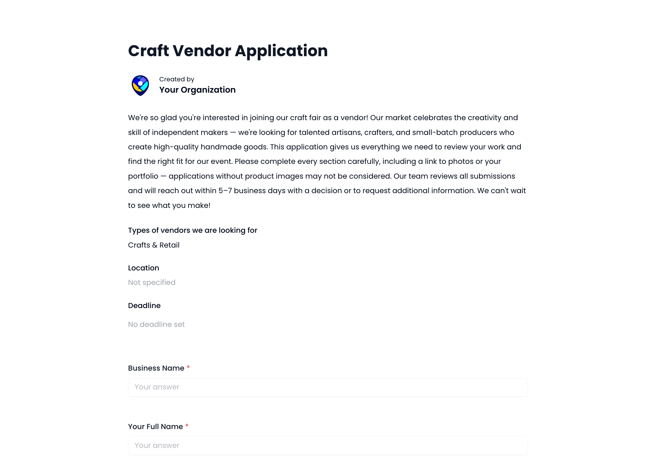 Craft Vendor Application Template preview