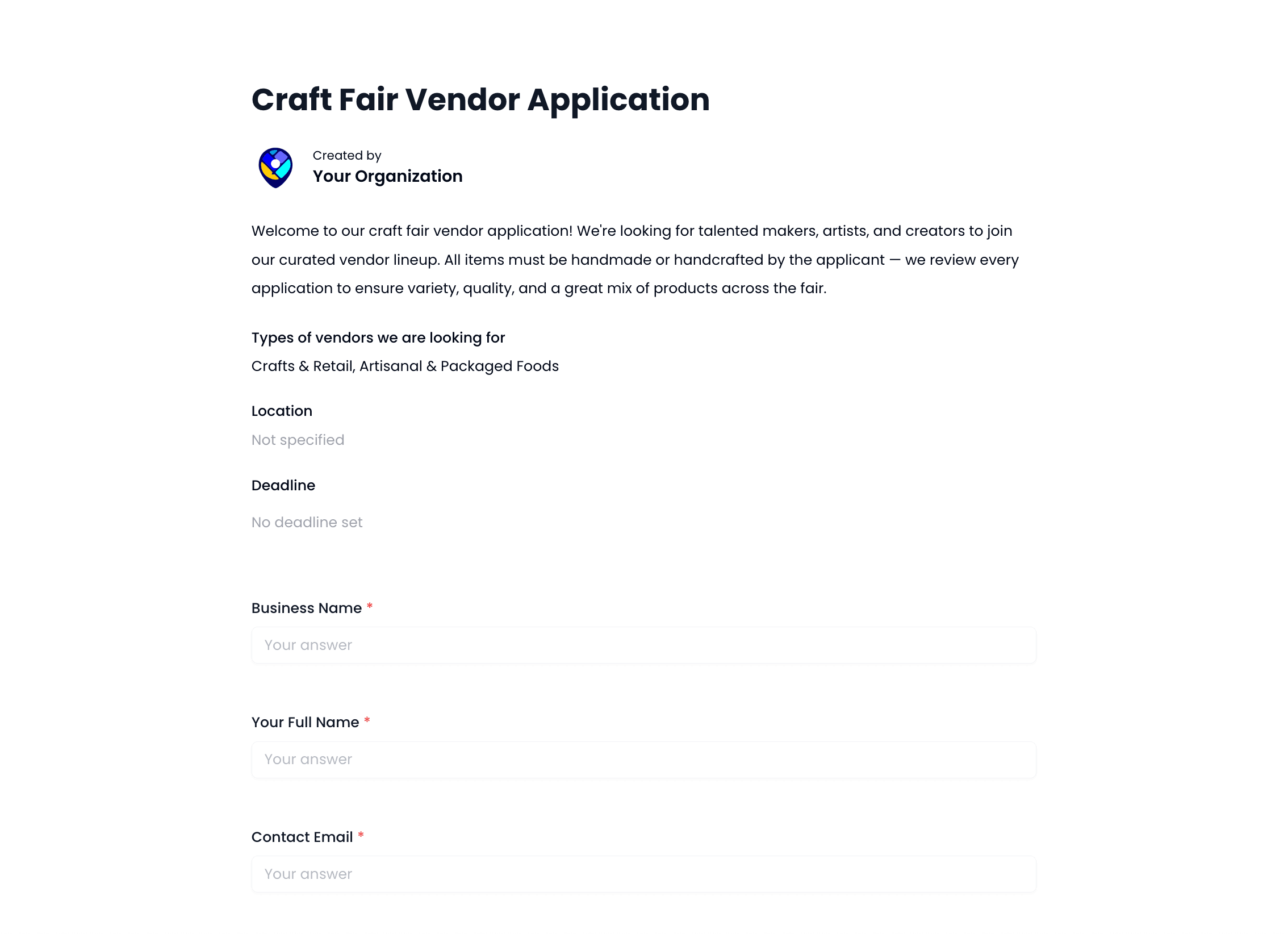 Craft Fair Vendor Application Template preview